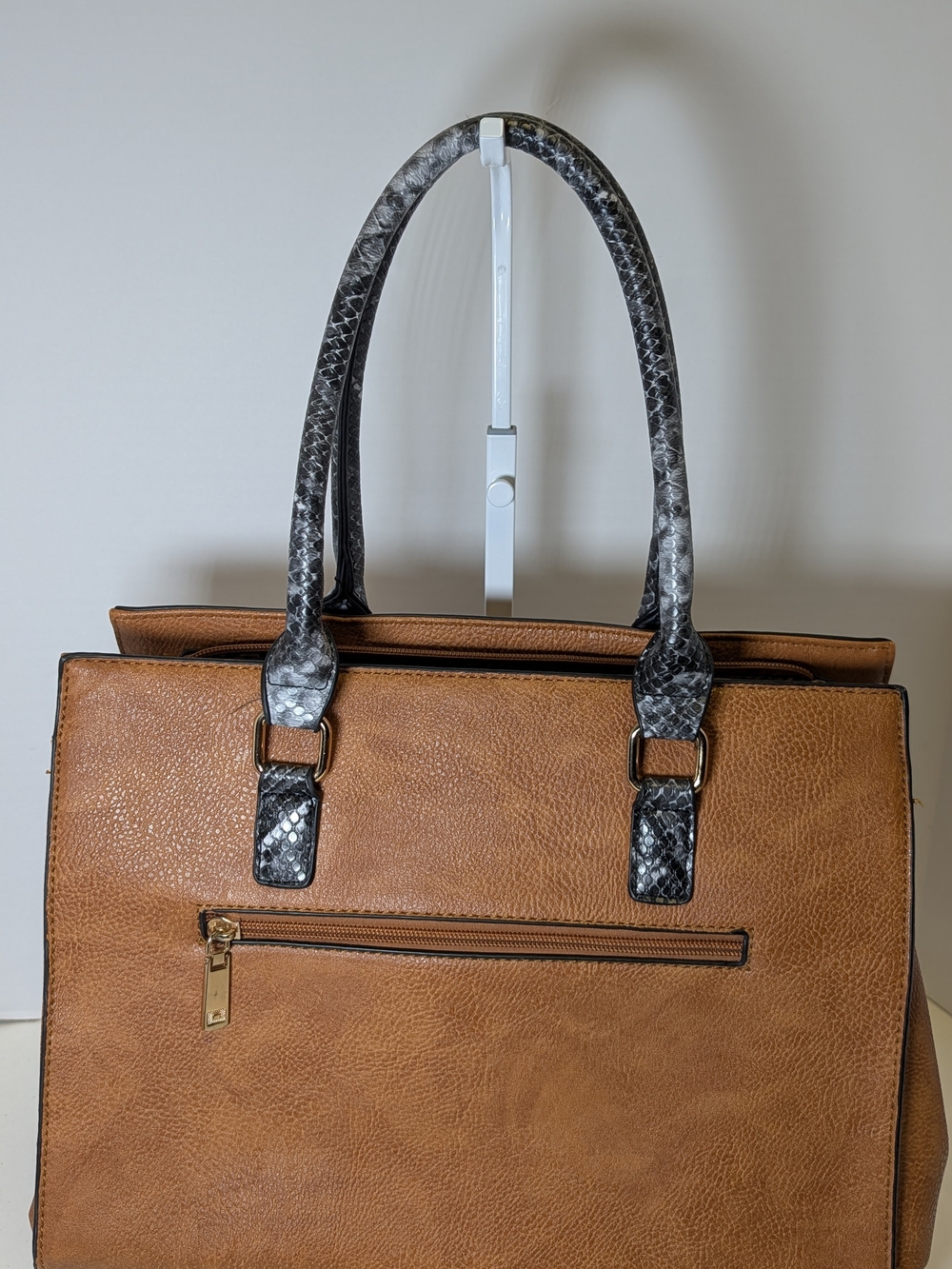 Structured Tan Tote with Black Snakeskin-Pattern Handles